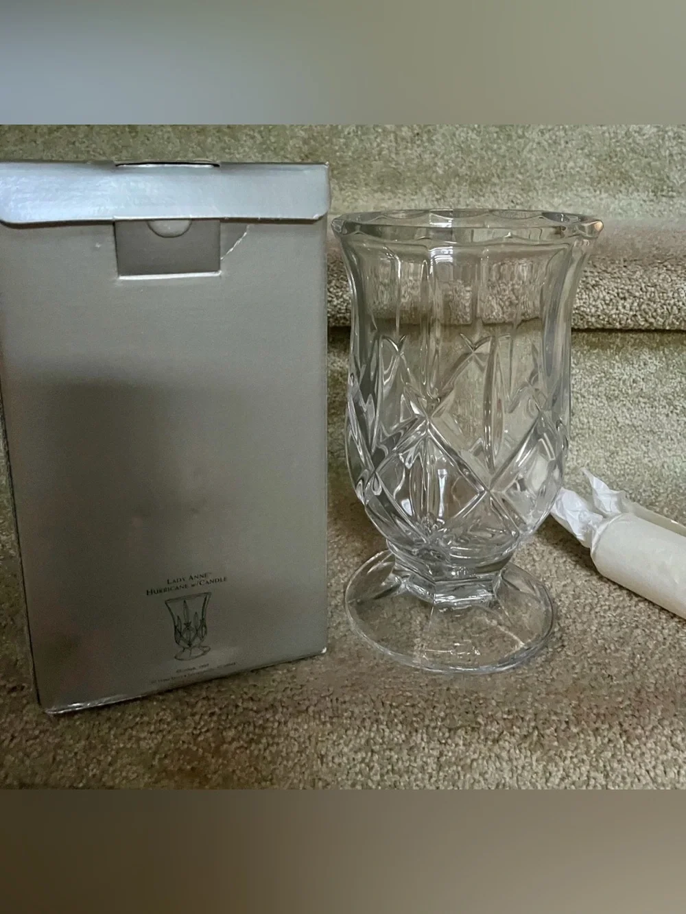 NWT VTG Gorham Lady Anne Crystal Hurricane Candle Holder/Vase w/ Box